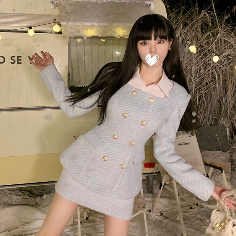 Autumn/Winter Socialite Sweet Girl Set Square Neck Slim Wool Coat Wrap Hip Short Skirt Two Piece Sets Women Outfits