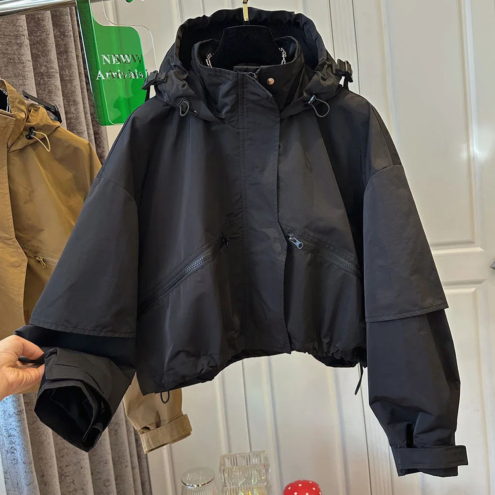 Autumn Quality Hooded Womens Bomber Jacket Casual Short Cargo Coat For Woman Zipper Pocket Khaki Baseball Female Outwear 241218