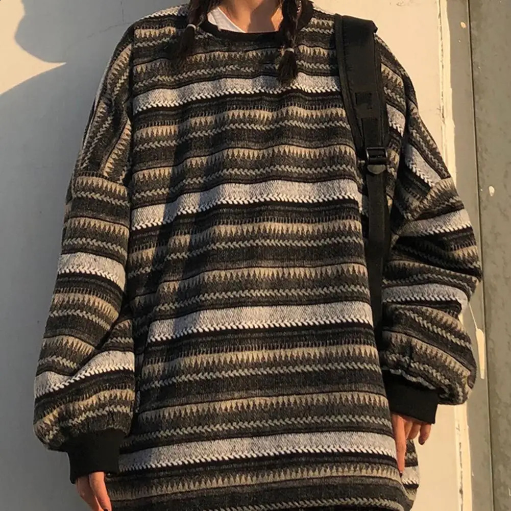 Women Round Neck Sweater Stripe Vintage Style Slouchy Oversized Fall Soft For Daily Wear Long Sleeve Oversize Pullover 241220