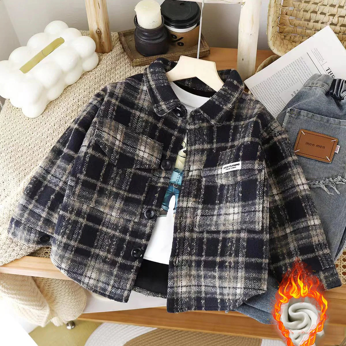 Autumn Winter Children Boys Overcoat Turndown Collar Single Breasted Kid Girls Plaid Coat Thicken Velvet Warm 1-12Y Girls Jacket 241223