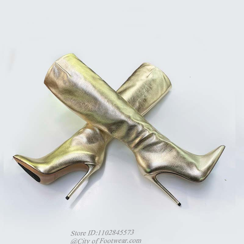 Pointed Toe Leather Green Knee Boots Metallic High Heels Pull On Women's Sexy Colorful Boot Designer Big Size Shoes