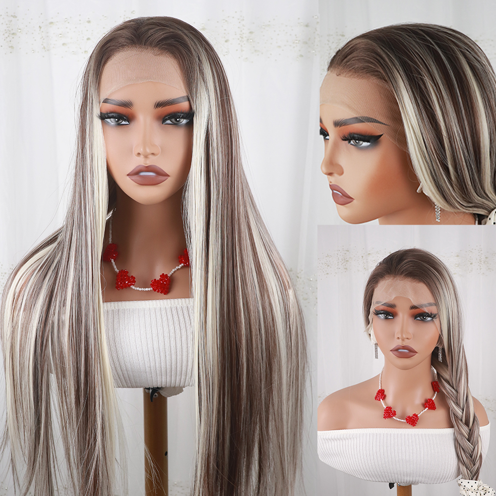 36 Inch Ombre Blonde Straight Hair Look Like Human Hair Wigs Highlight Brazilian Glueless Body Wave Lace Front Wigs Synthetic Wig With Baby Hair For W