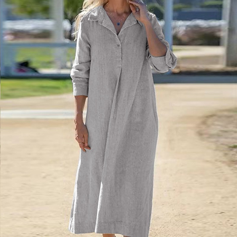 P06888 solid color cotton and linen long-sleeved lapel shirt group ladies fashion casual A-line group loose robe dress