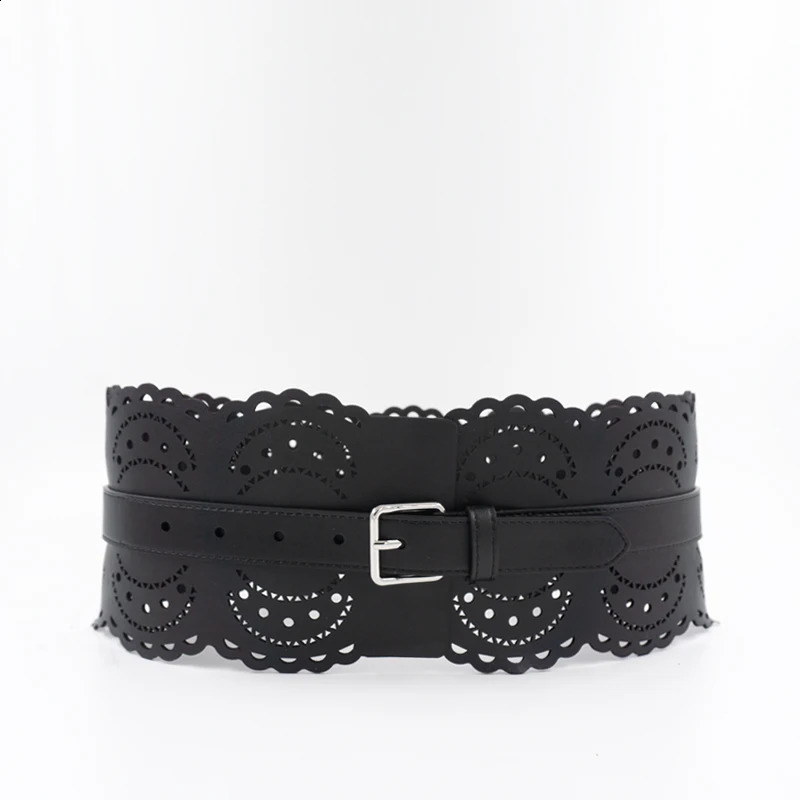 Cut out carved leather waist closure pin buckle leather wide belt dress waist geometric decoration silver buckle wide belt 241224