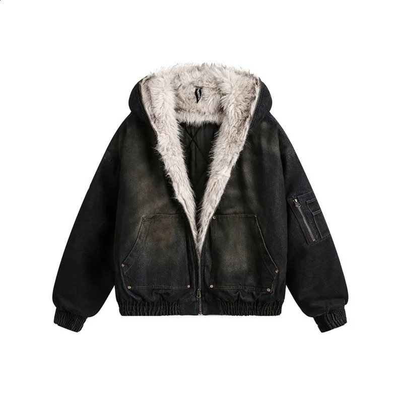 IEFB Fashion Mens Padded Jackets Denim Fleece Hooded Worn-out Zipper Patchwork Loose Winter Male Clothing Stylish 24011 241223