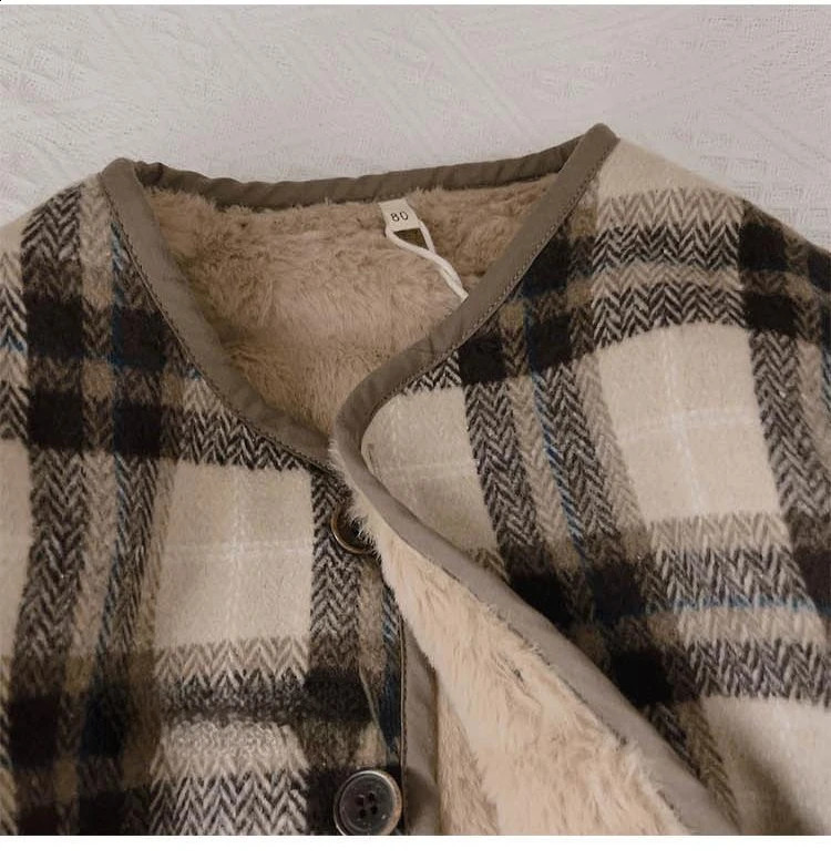 Woolen Plaid Childrens Plush Coat Korean Version Autumn and Winter Boys and Girls Coats Loose Baby Cotton Padded Clothes 241223