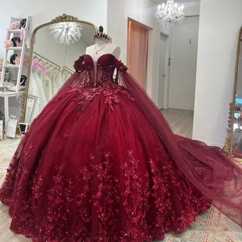 Bury Quinceanera Ball Gown With 3D Appliques, Lace Up Cape, Prom Party Dress, Vestidos De Festa