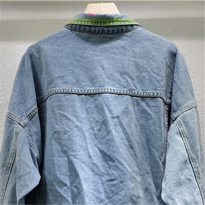 Sequin Flower Decoration Hand-painted Graffiti Printing Blue Denim Jacket Autumn Women Casual Lapel Long Sleeve Jeans Jackets 241223