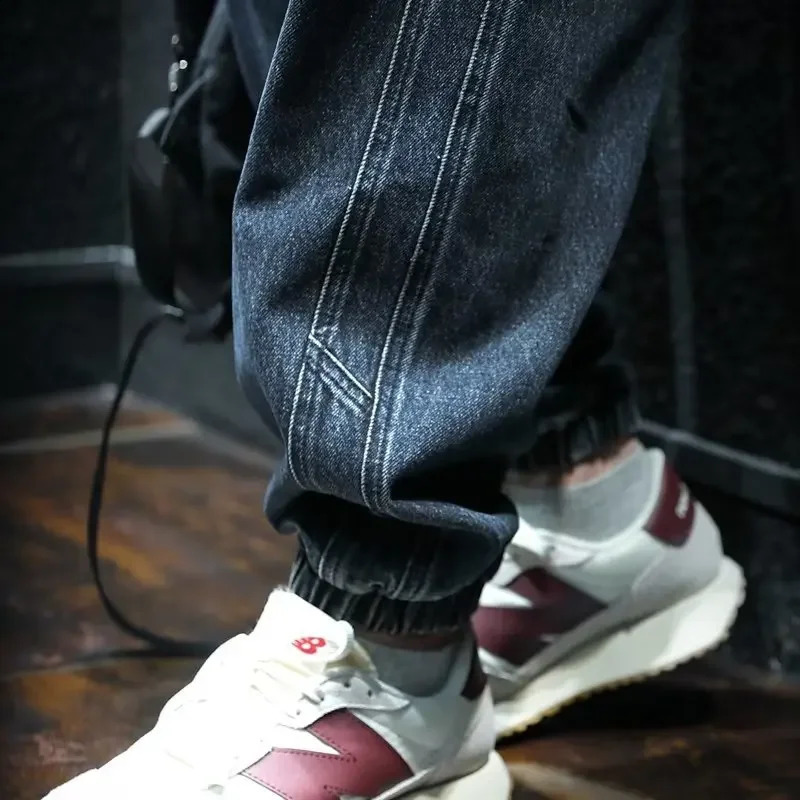 Spring Autumn Blue Bunded Feet Jeans Men Loose Fit Casual Wide Leg Cropped Pants Elastic Waist Drawstring 241223