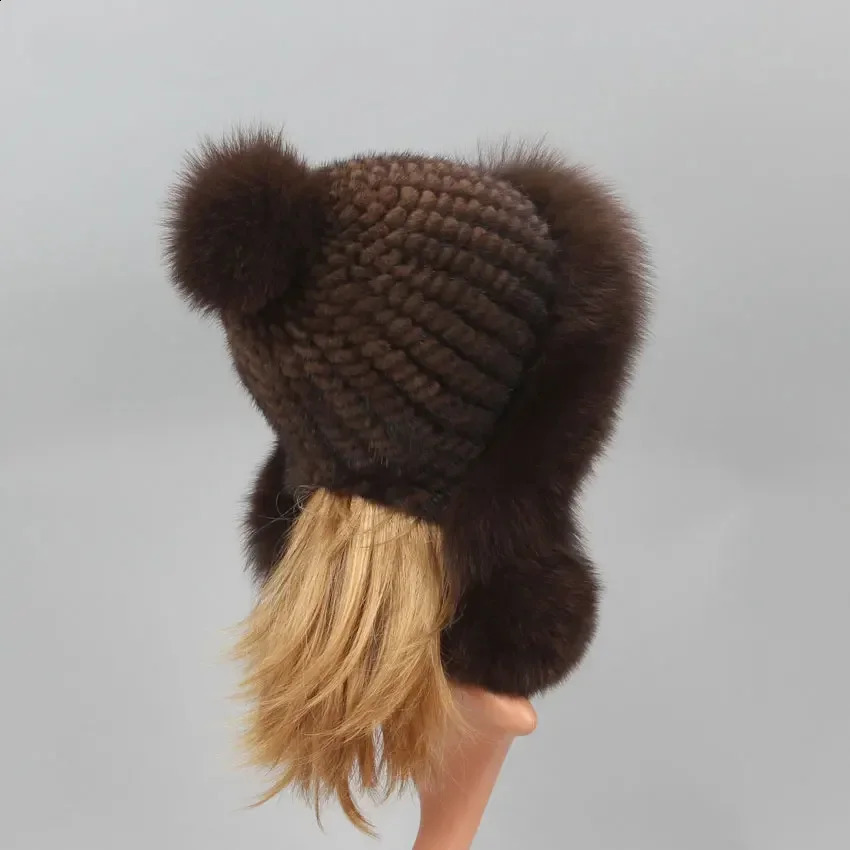 Real Mink Fur Hat with Fox Fur Ball Earmuffs Protective Cap Winter Hat for Women Russian Autumn Hat Fox Fur Beanies Fall Bonnets241224