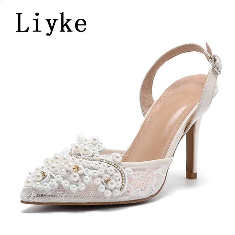 Liyke sexy back buckle strap womens pump fashionable crystal pearl mesh pointed toe suspender high-heeled sandals womens shoes 241223