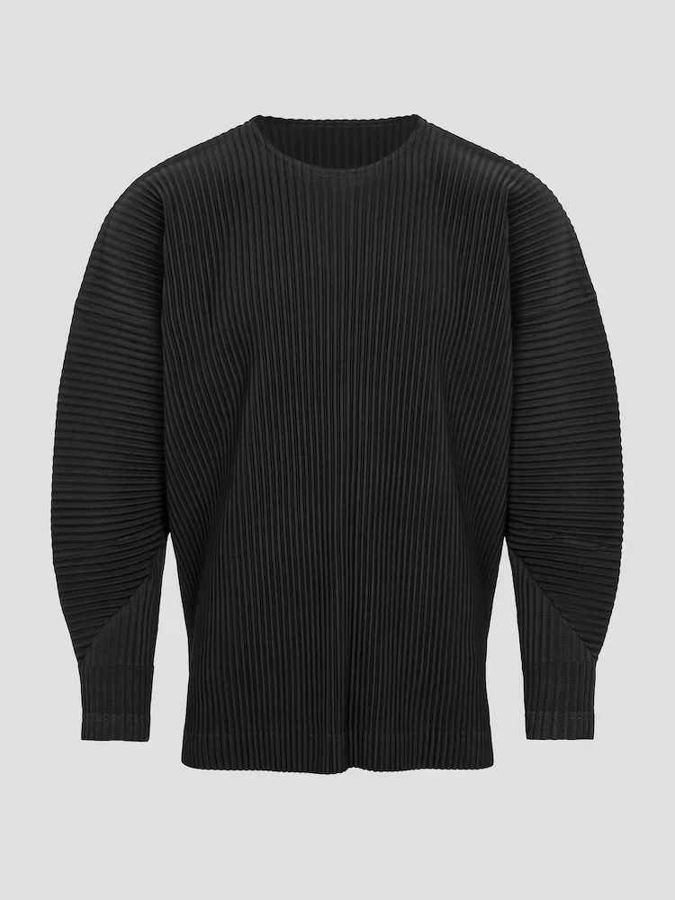 Miyake pleated mens long sleeved flat seam hem T-shirt full sleeved round neck T-shirt Korean streetwear casual top W241223