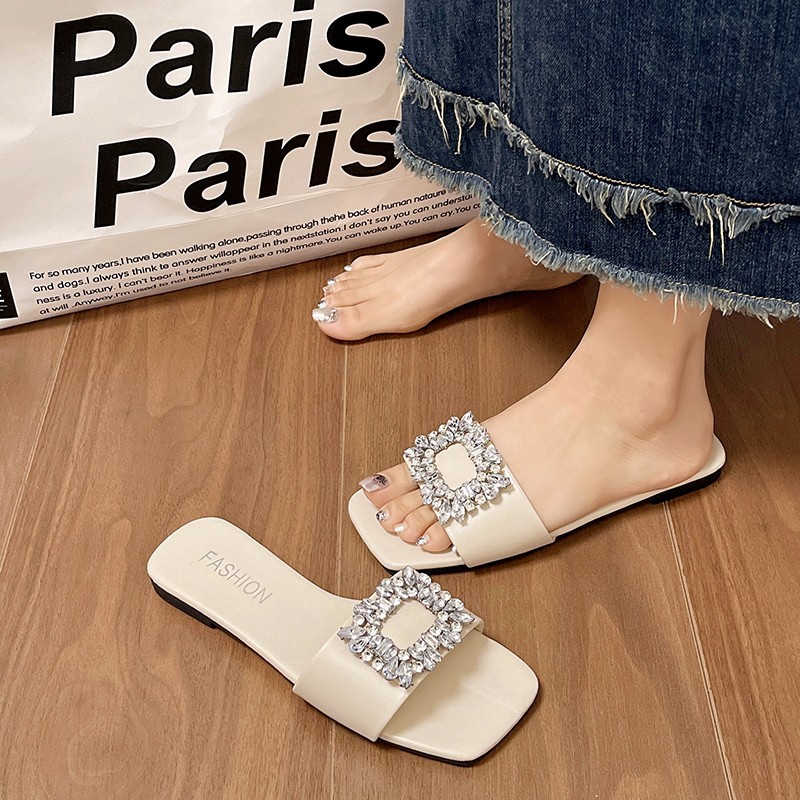 Women Slipppers Fashion French Style Diamond Design Outdoor Wear Lightweight Sandals Seaside Beach Vacation Triple Black Beige Pink Free shipping