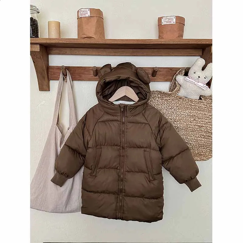 Girls Winter Coat Boys Padded Thickened Warm Long Outerwear Children Solid Color Hooded Clothes Jacket 2-8 Years Old 241223