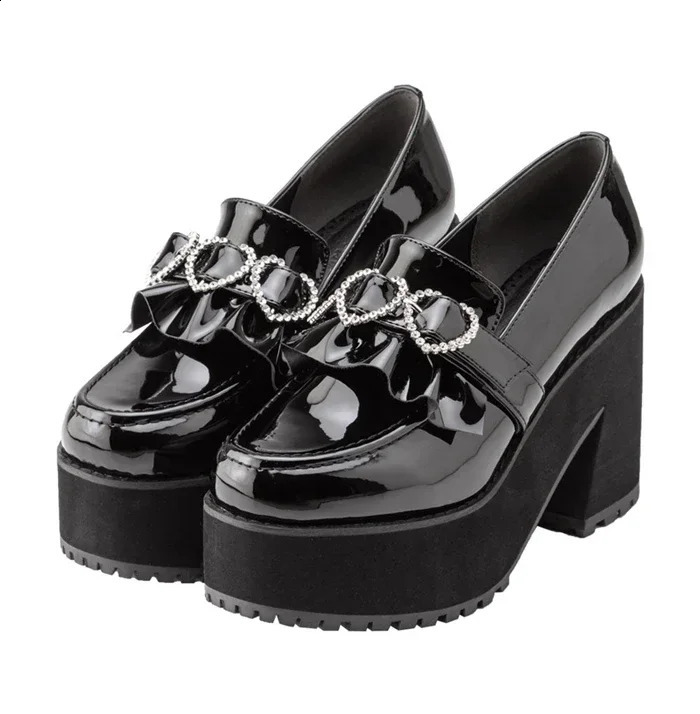 Home>Products>Fashion Waterproof Platform>Womens Thick High Heels>Lolita Pearl Heart Button Pump>Black Leather Shoes 241223