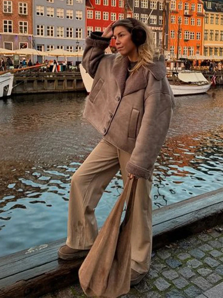 Lamb Wool Suede Jacket Women Autumn Winter Patchwork Lapel Full Sleeves Female Jackets Casual Loose Street Warm Lady Coats 241218