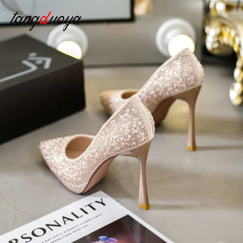 Pearl Sparkling Wedding Shoes for Women Spring er High Heels Pump Womens Thin High Heels Party Shoes Beige Silver 241223