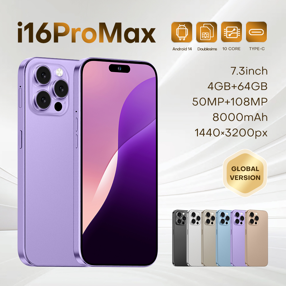 Android 14 i16pro max smartphone double sim dual doublé 7.3 Reconnaissance de face d'écran 4 Go + 64 Go 2 unités Démarrage du prix de gros