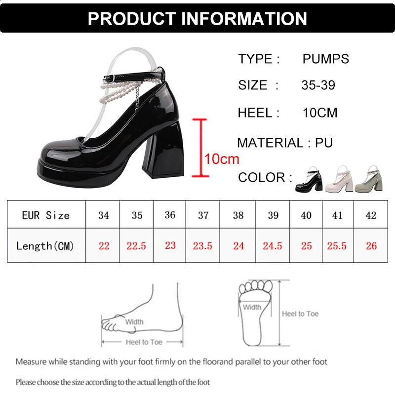 Retro High Heels Mary Jane Womens Shoes Patent Leather Platform Pump Womens Pearl Chain Thick High Heels Womens Shoes 241223