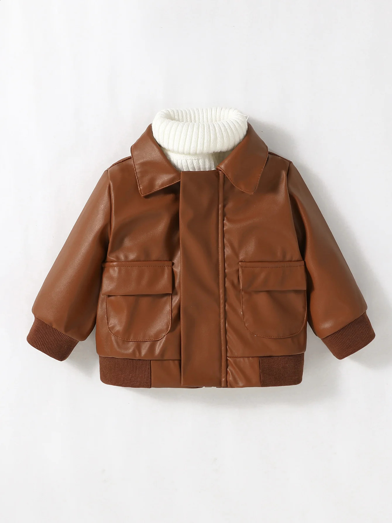 Baby Boys 1-3Y Pu Leather Jacket Long Sleeve Turn-Down Collar Zipper Fashion Outwear For Fall Winter Leather Coats 241223