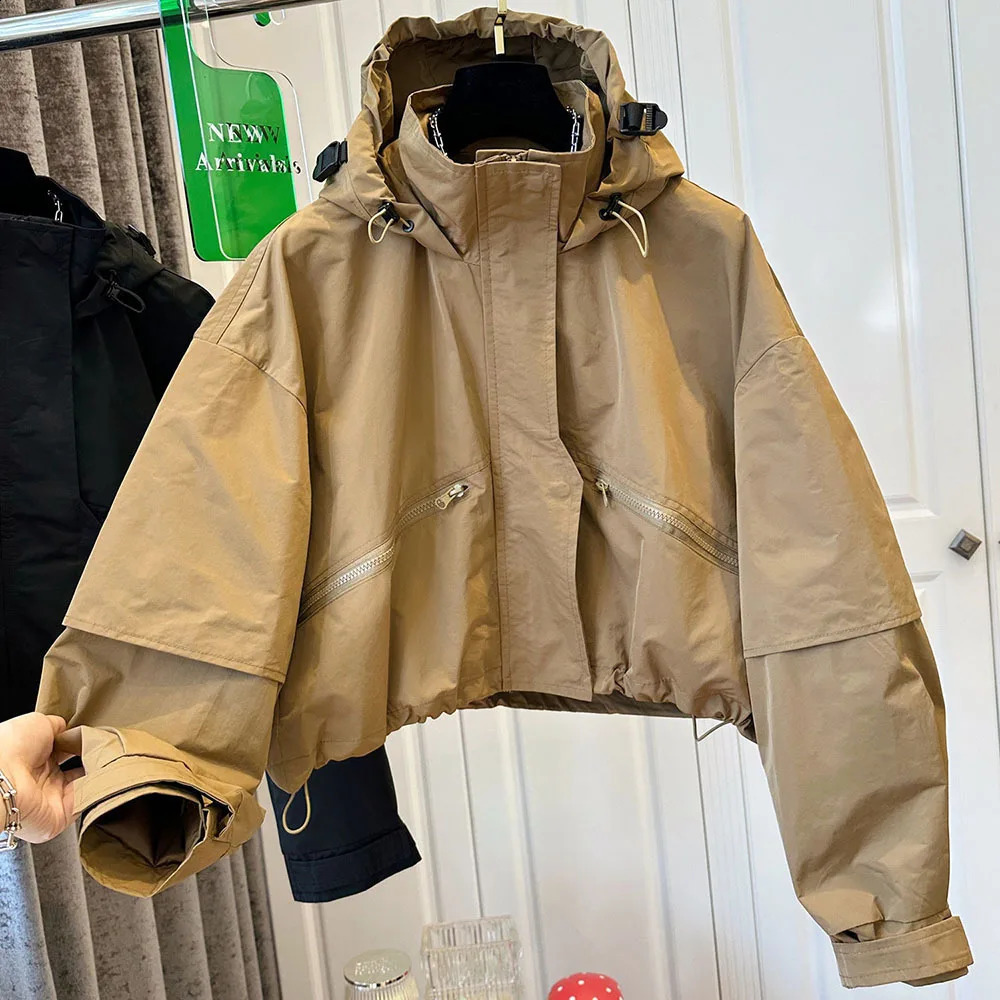 Autumn Quality Hooded Womens Bomber Jacket Casual Short Cargo Coat For Woman Zipper Pocket Khaki Baseball Female Outwear 241218