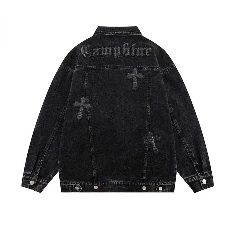 American cross stitch denim jacket womens trend loose denim jacket womens street casual jacket 241219