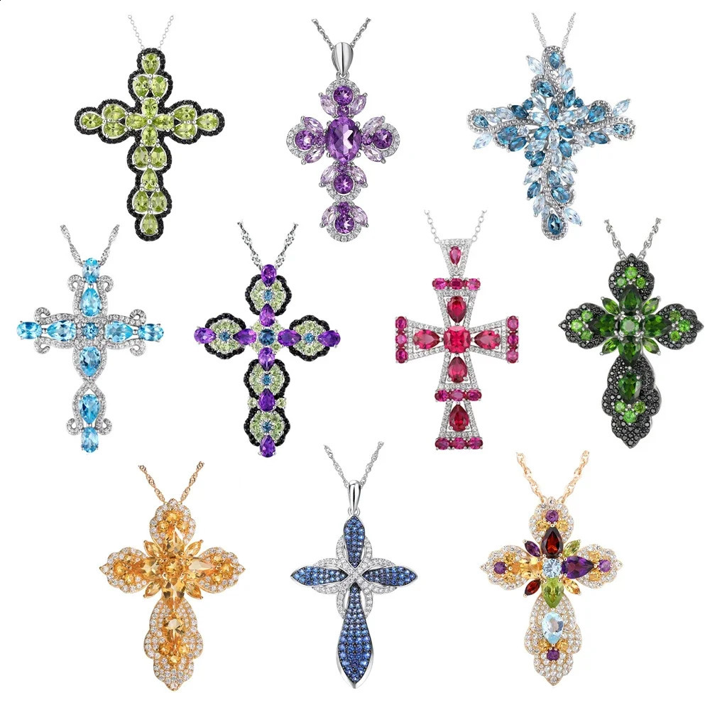 GZ ZONGFA Natural Color Gemstone Pure Silver Cross Pendant Amethyst Lemon Gemstone 241213