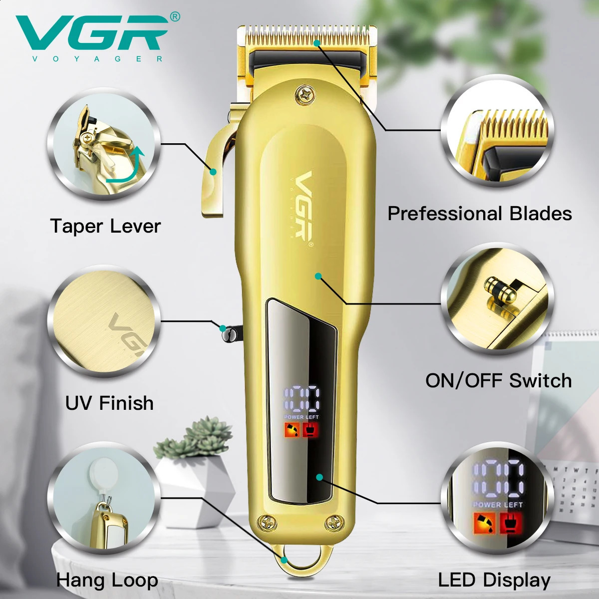 VGR Hair Clipper Professional Hair Trimmer LED Display Hair Cutting Machine Mini Gold Cordless Electric Clippers for Men V-278 241224