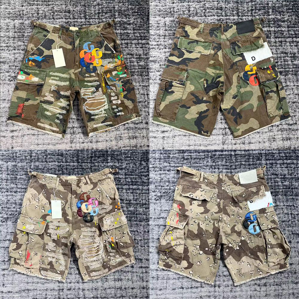 Designer Mens Camouflage Patchwork Leather Letter High Street Vintage Hip Hop Worn Work Denim Shorts Men
