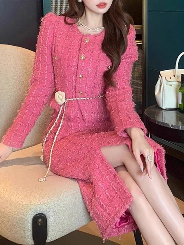 Elegant Pink Tweed Cardigan Top Split Skirt Fashion All-Match Two-Piece Set Women 2025 New Spring Summer