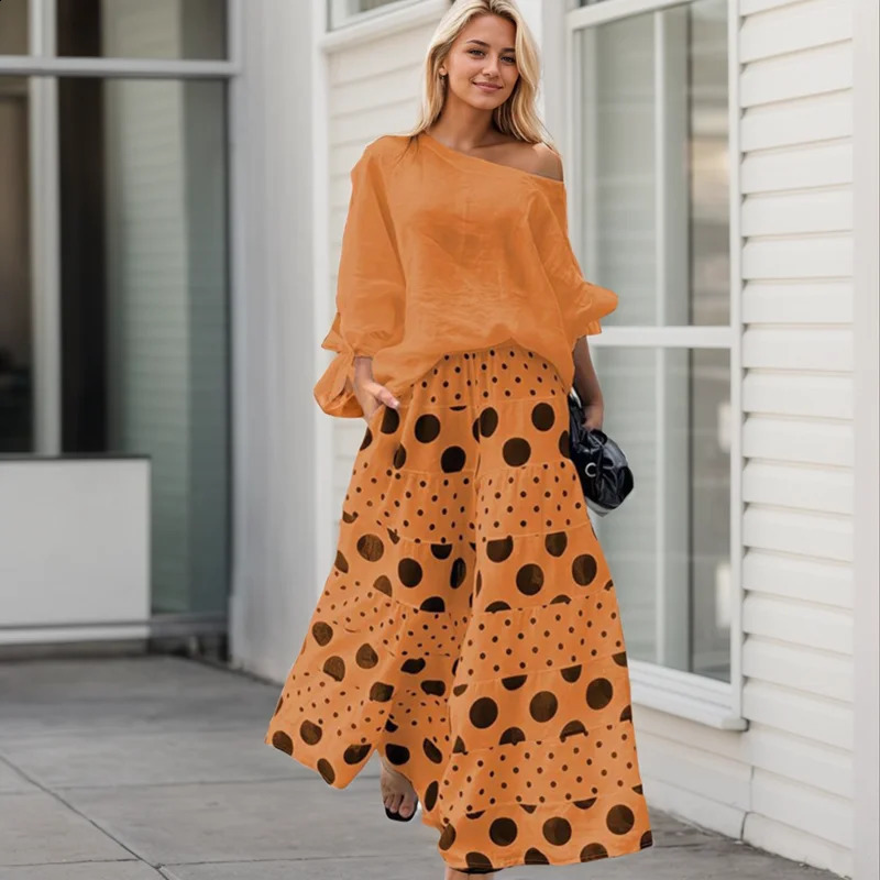 Fashion High Street Outfits Casual Diagonal Neck Hollow Top with Wide Leg Pants Sets Dot Prints Multilayer Splice Female 241220