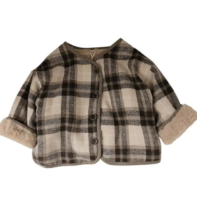Woolen Plaid Childrens Plush Coat Korean Version Autumn and Winter Boys and Girls Coats Loose Baby Cotton Padded Clothes 241223
