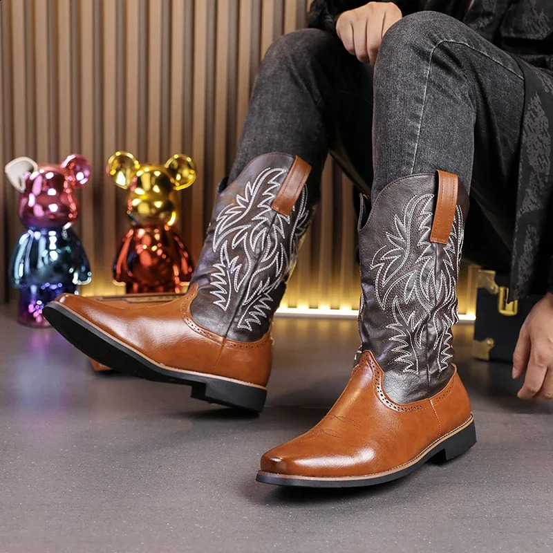 Spring and autumn mens Western cowboy boots executive embroidered boots punk mens knight boots retro wide toe leather shoes 241223