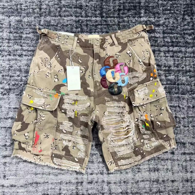 Designer Mens Camouflage Patchwork Leather Letter High Street Vintage Hip Hop Worn Work Denim Shorts Men
