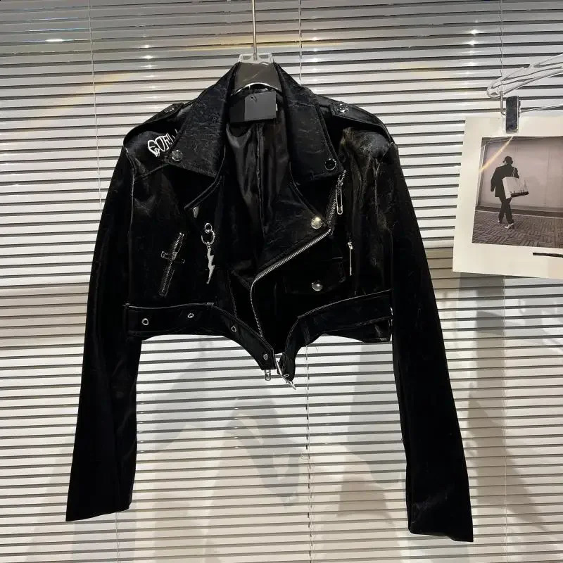 Autumn Locomotive Spice Girl Letter y Lychee Leather Glossy Black Jacket Womens PU 241218