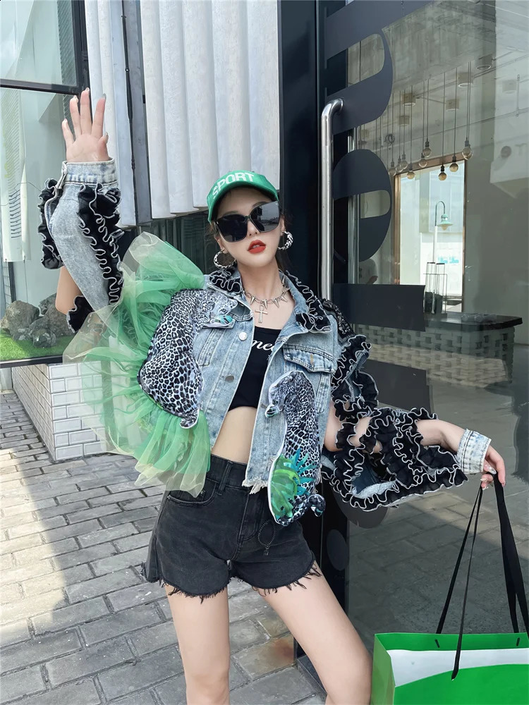 Autumn Heavy Industry Thread Sleeve Mesh Stitching Leopard Print Patterned Denim Women Jean Jacket High Street 241223