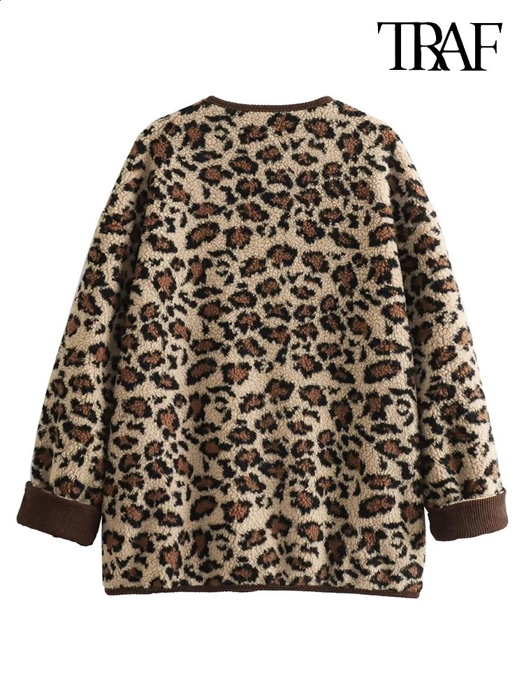 TRAF Womens Fashion Autumn and Winter Retro High Street Leopard Clash Color Thickened Warm Lamb Wool Coat 241218