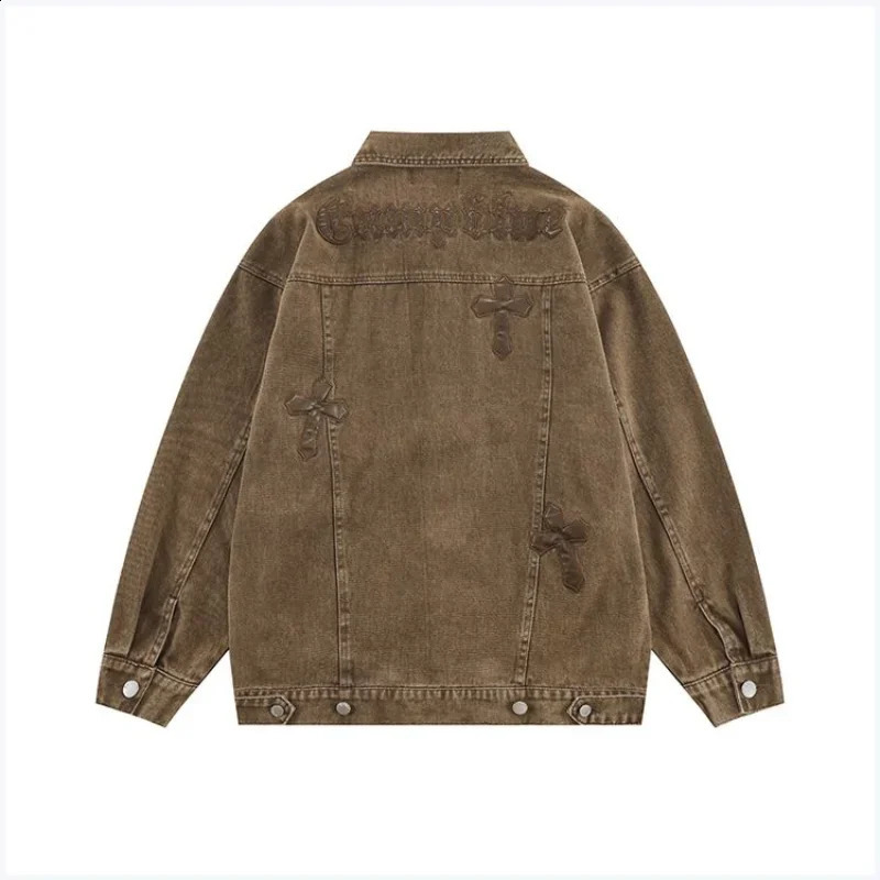 American cross stitch denim jacket womens trend loose denim jacket womens street casual jacket 241219