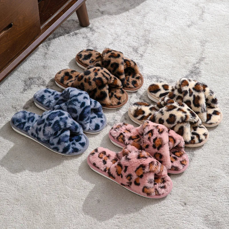 Leopard Print Cross Open Toe Autumn Winter Womens Fluffy Slippers Warm Home Comfortable Non-slip 241223