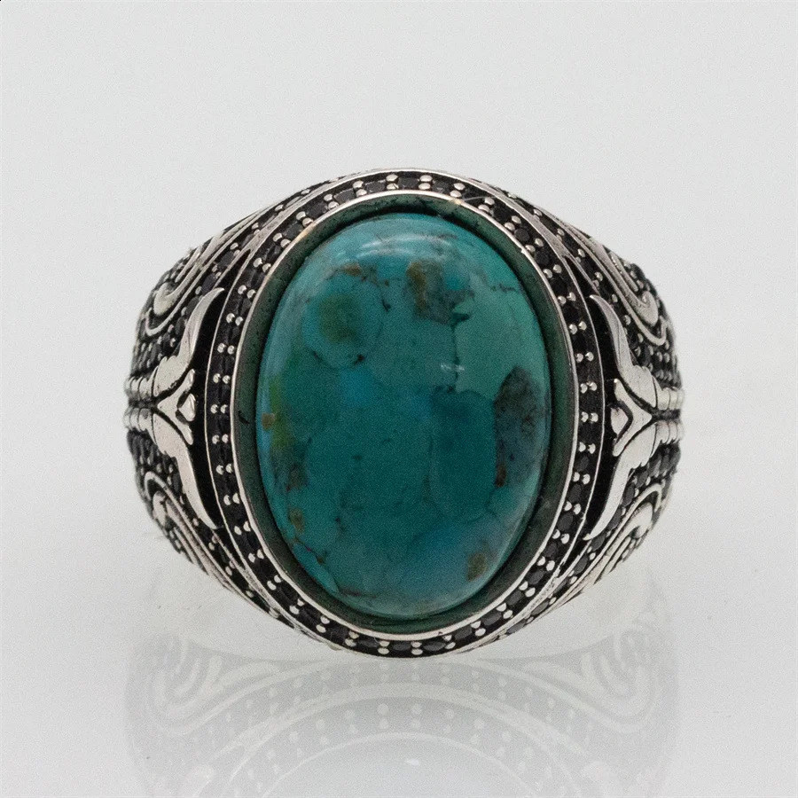 Natural Turquoise Stone Ring Men Pure Sterling Silver 925 Gemstone Ring Men Turkish Handmade Jewelry 241224