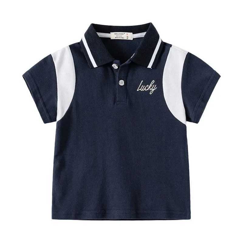 Summer boys short sleeved casual cotton color block T-shirt childrens printed letter polo shirt available for the first 3-8 years W241223