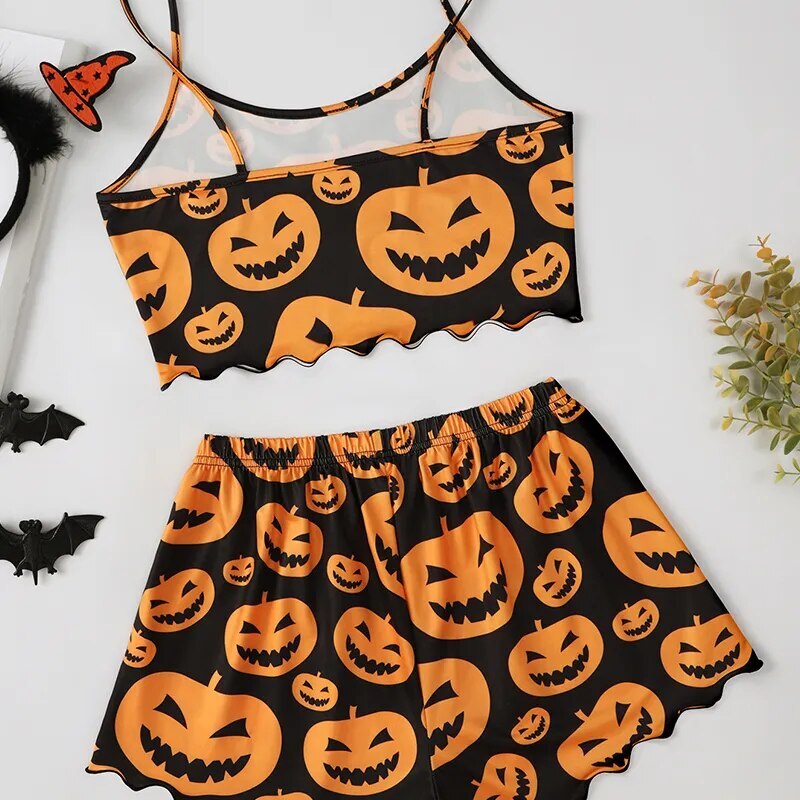 Halloween Pama Set Spooky Head Print Round Neck Camisole Top And Pumpkin Lettuce Side Shorts Homewear Pa