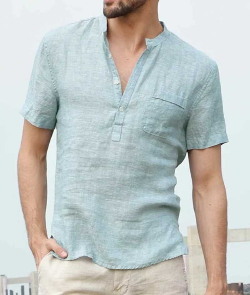 2023 new hot cotton hemp rope short sleeved mens T-shirt stand up collar button simple short sleeved shirt S-5XL W241223