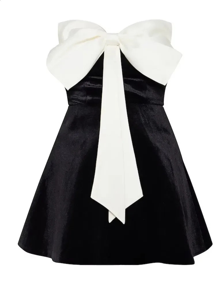 Black and white bow A-line mini strapless short skirt for women fashionable backless high waisted chic dress street evening dress 241223