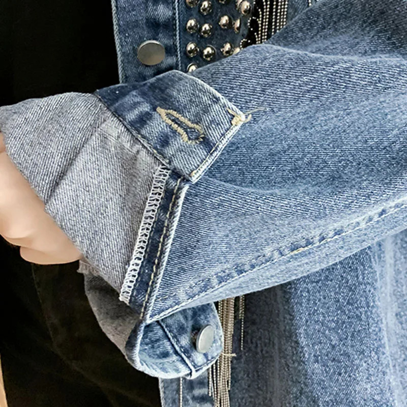 Autumn Denim Jacket Coat Women Rivet Tassel Chain Short Coats Woman Loose Streetwear Long Sleeve Black Coats Abrigo De Mujer 241223