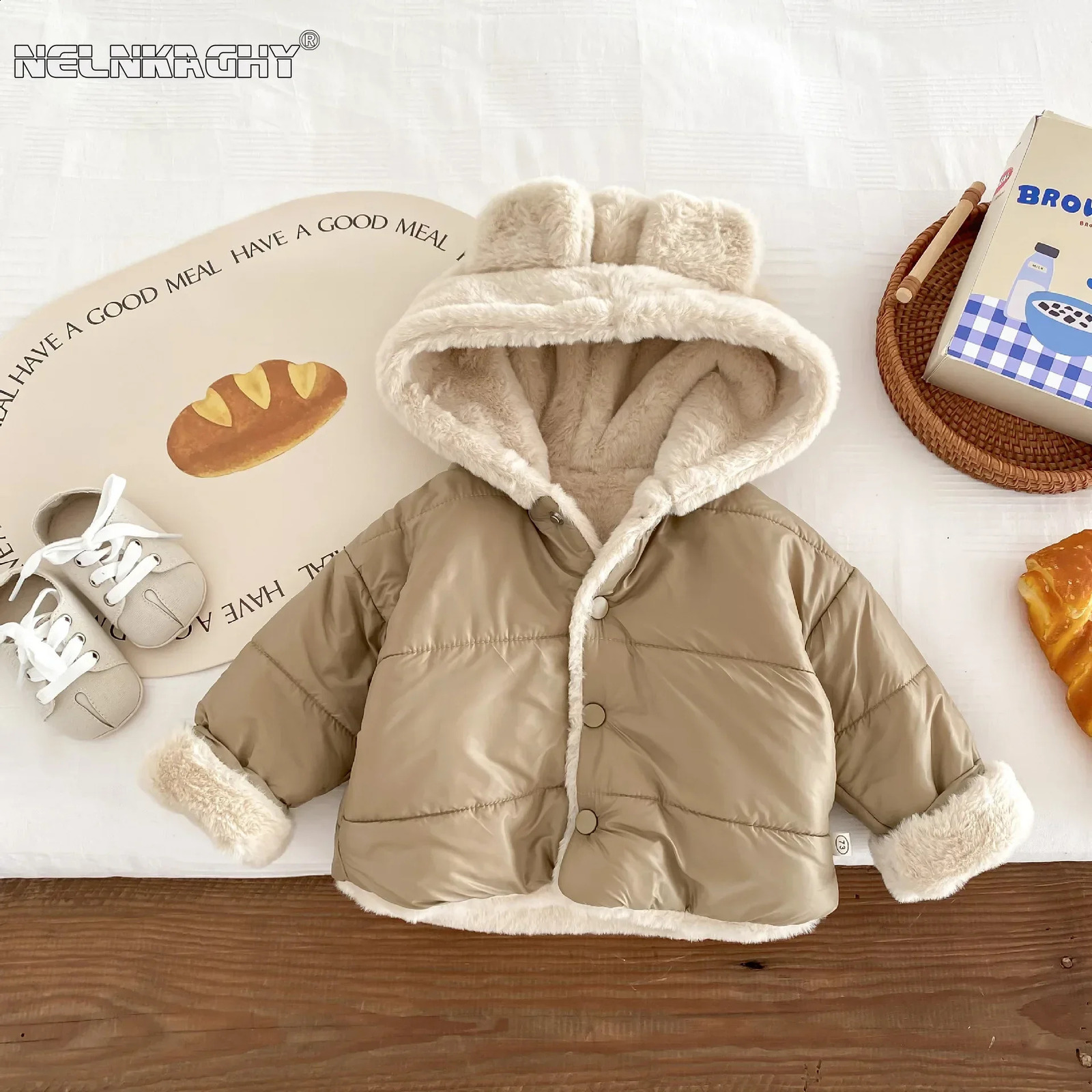 Cute Childrens Winter Jacket Fur Lining 0-5 Years Old Girls Boys Hoodies Coats Korean Style Kids Baby Thick Warm Outwear 241223
