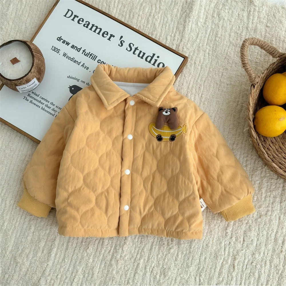 Winter Ins Korean Toddler Boys Parkas Cotton Quilted Thickened Cartoon Bear Solid Baby Boys Coat Infant Boys Jacket 241223