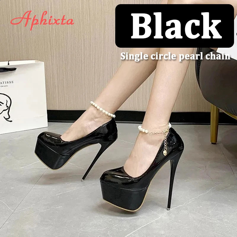 Aphixta Pearl Chain Party Disco Pump Womens 5.5cm Platform Belt Leather Buckle 16cm Ultra Thin High Heels Large Size 50 241223