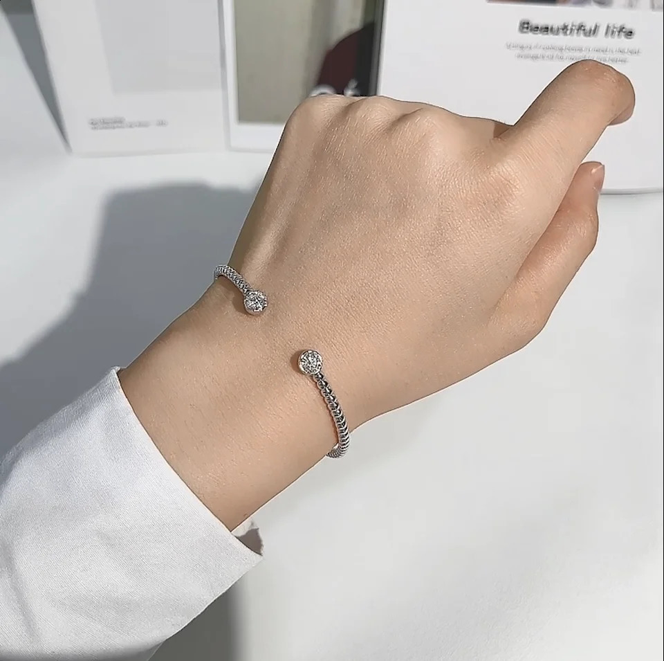 Anziw Solid Bangle Real 925 Silver 5mm 1ctw. D Color Bezel Round Bracelet for Women Open Bangle Cuff Gift GRA Jewelry241224