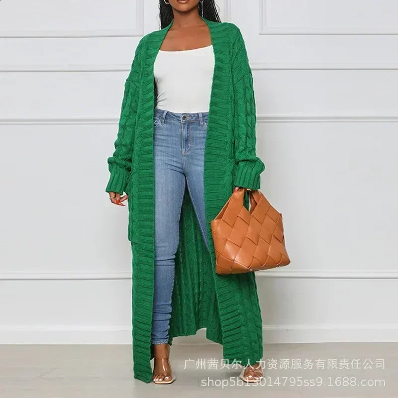 Open front cable knitted long line cardigan womens long sleeved loose fashionable casual open cardigan knitted solid color 241223